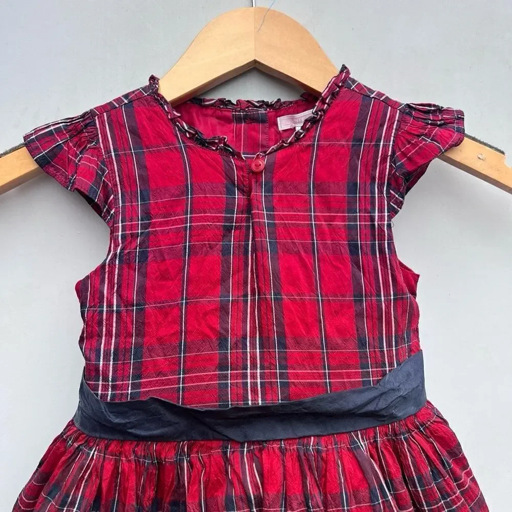 Janie & Jack Holiday Silk Plaid Dress 4 T Christmas Red Plaid Bow